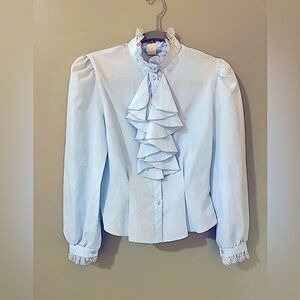 La Bene Women's blue Mock Neck Long Sleeve Ruffle Front Blouse Top Size S Vtg